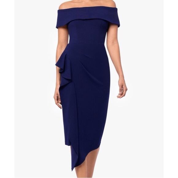 Betsy & Adam Side Pleat Ruffle Sheath Dress Navy Blue Sz 4 Style A24748 NWT $239 - Picture 11 of 16